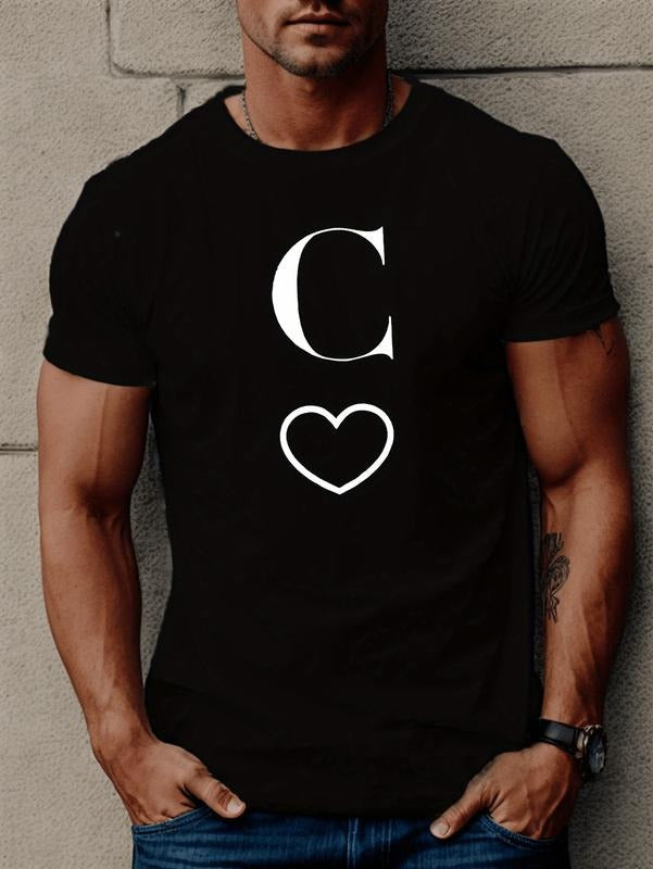 Letter C Print Casual Tee Tops, Men's Short Sleeve Comfy Versatile T-shirt For Summer Sports Hoodie, Sweatshirt
