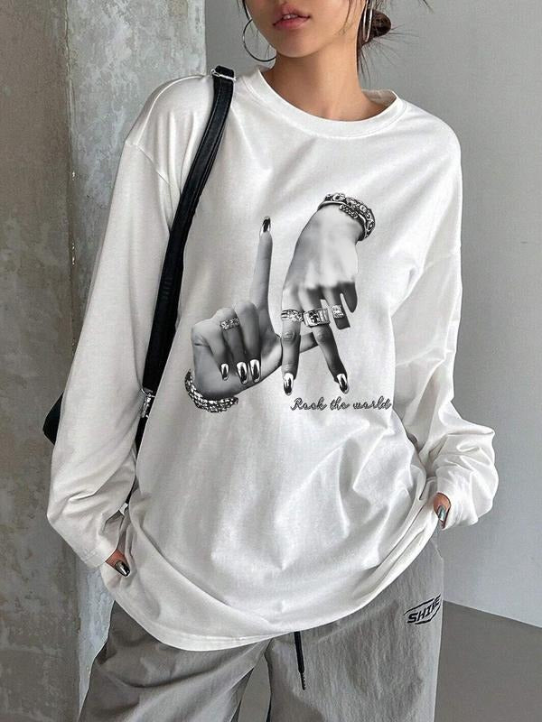 Letter Print Loose Fit T-Shirt, Street Style Y2K Minimalist Long Sleeve Tee, Casual Retro Comfortable Unique Streetwear...