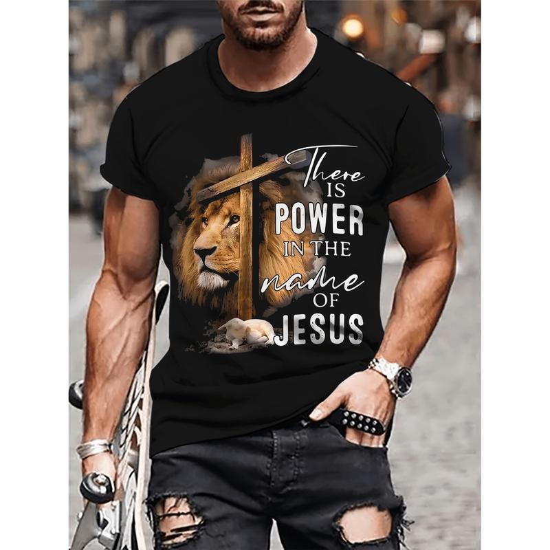 Lion Print T Shirt For Men Stylish Short Sleeve Crew Neck Casual Tee Outdoor Wear In Black Hoodie, Sweatshirt
