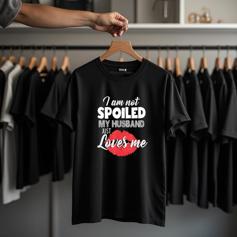 Lips Letter Print Crew Neck T Shirt For Women Casual Short Sleeve Spring Summer Top Black Hoodie, Sweatshirt | PodTeesHub.com