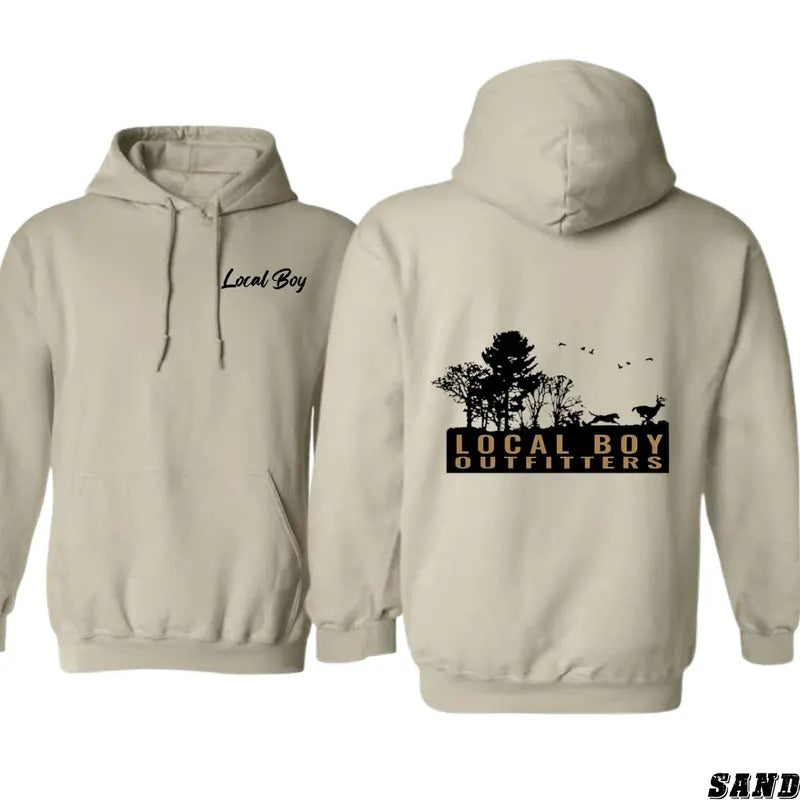 Local Boy Outfitters Hoodie - Scenic Outdoor Graphic with Hunting Dog and Deer Silhouette - Menswear, Sweaters T-Shirts,...