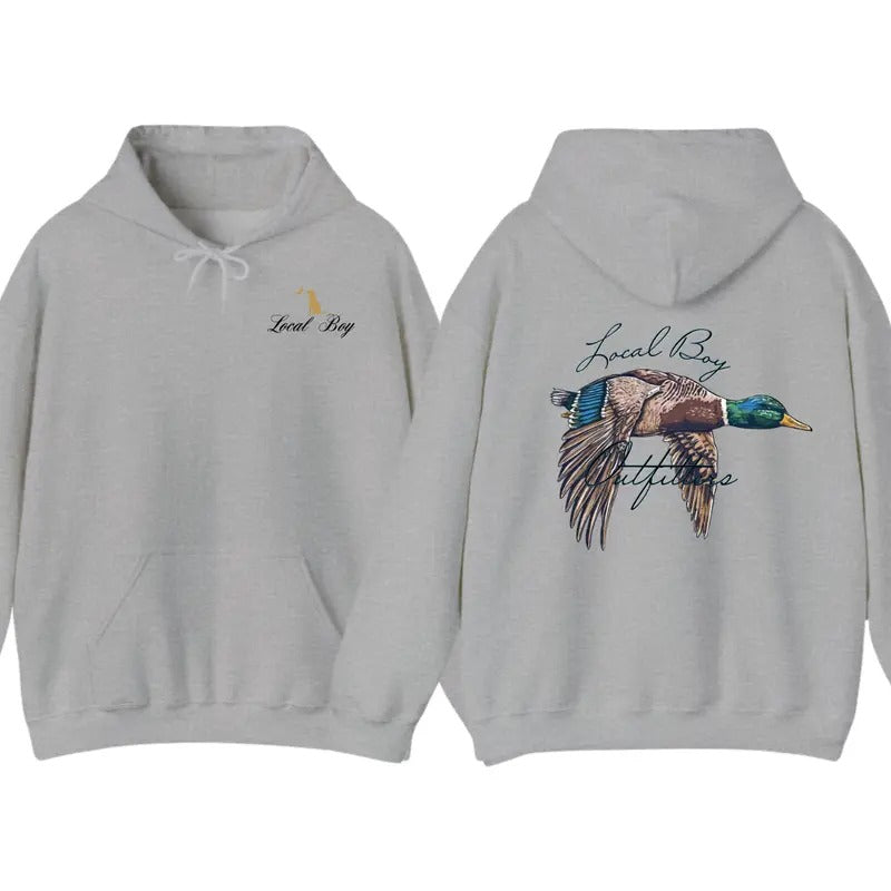 Local Boy Outfitters Menswear Hoodie- Mallard Duck Flying Graphic, Perfect for Waterfowl Hunters and Outdoor Lifestyle...
