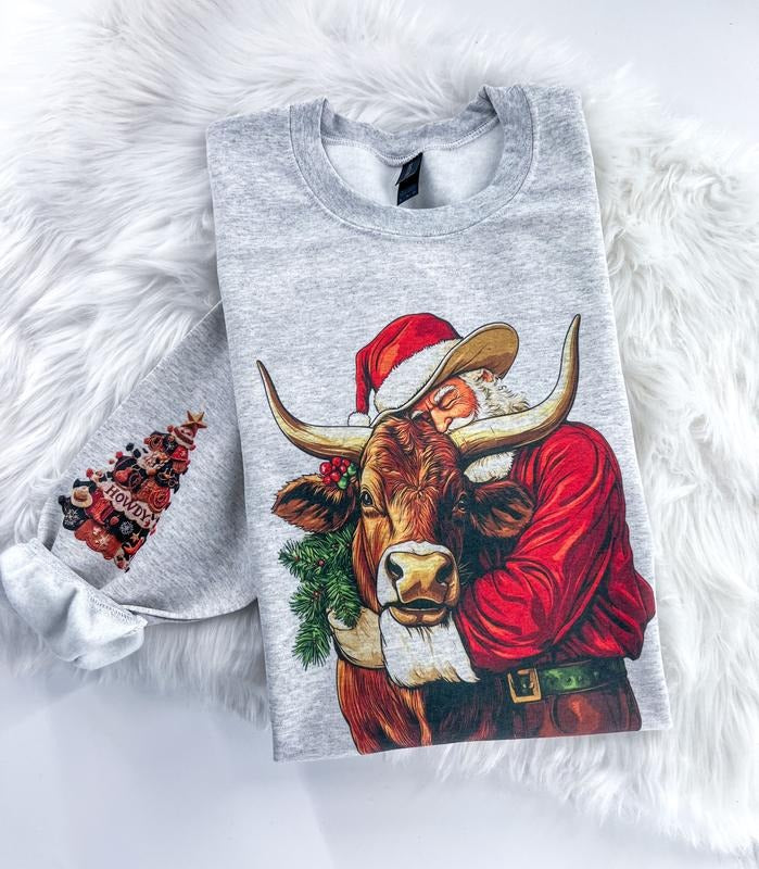 Longhorn Santa Western Winter Cowboy Christmas Cow Steer Sweatshirt or Hoodie with sleeve print Comfy Sublimation Tops...