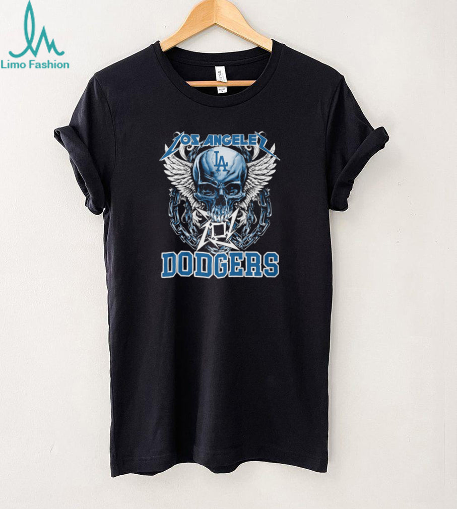 Los Angeles Dodgers Blue Skull With White Wings And Silver Chains T Shirt