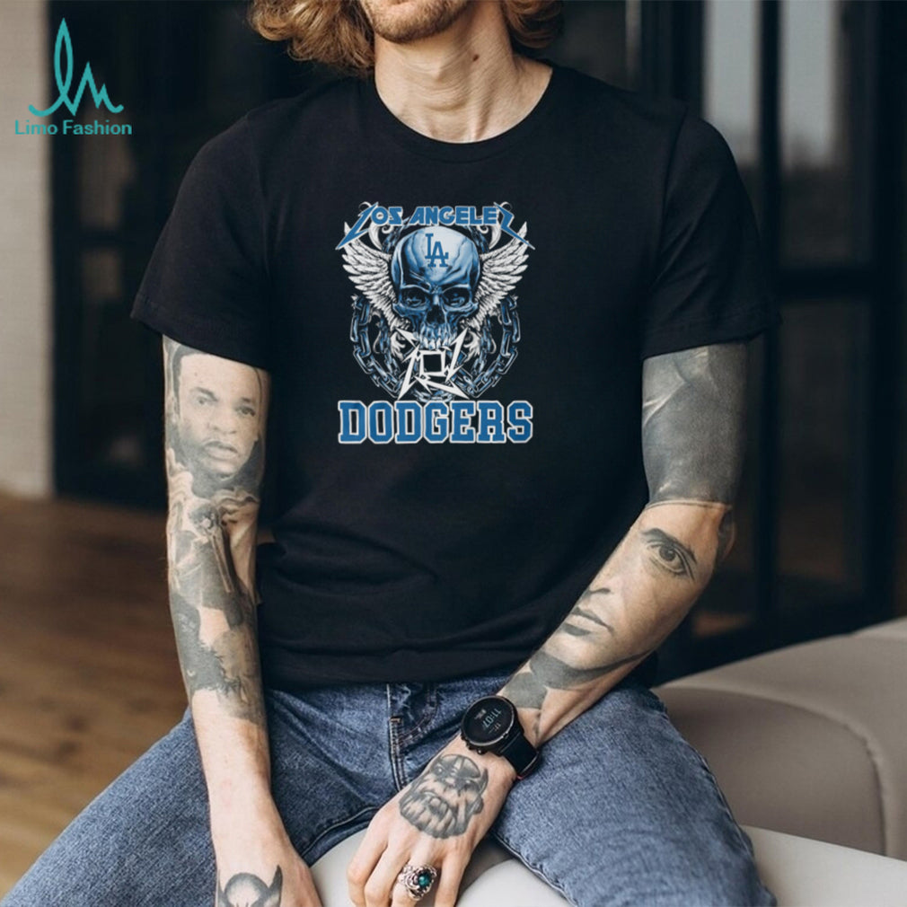 Los Angeles Dodgers Blue Skull With White Wings And Silver Chains T Shirt