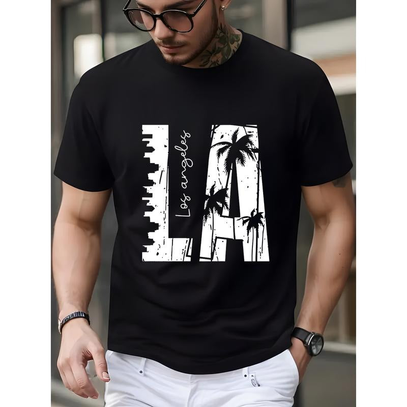 Los Angeles Inspired Mens T Shirt Creative LA Print Short Sleeve Crew Neck Casual Cotton Summer White Hoodie, Sweatshirt