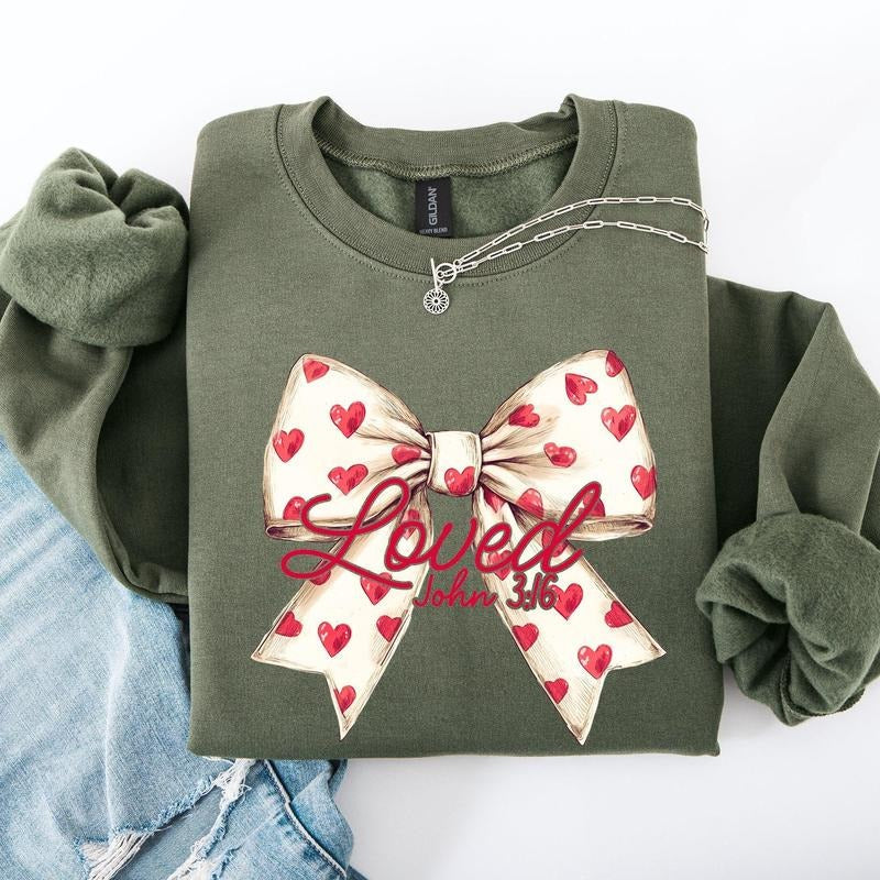 Loved, John 3 16, Valentine's Day, Cream, Love, Bow, Ribbon, Hearts, Christian, Faith Sweatshirt, Crew Neck, Women's,...