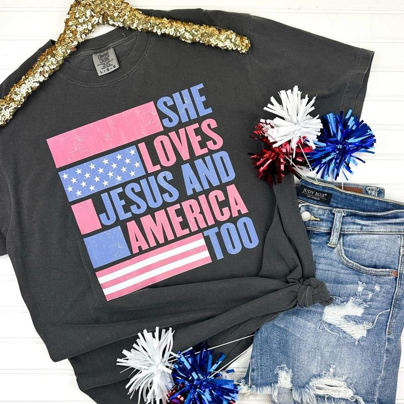 Loves Jesus & America Comfort Colors T-Shirt Hoodie, Sweatshirt | PodTeesHub.com