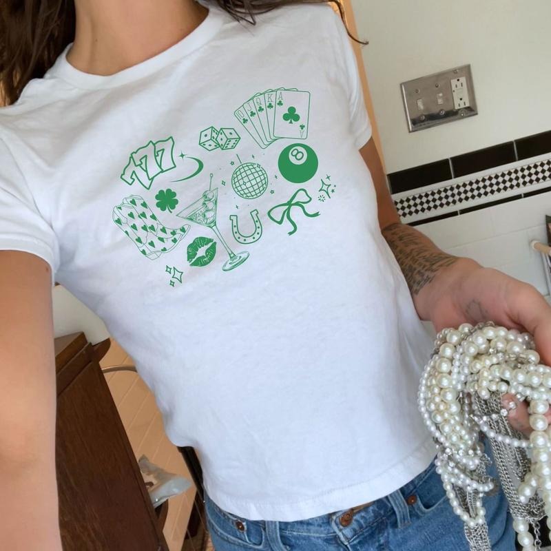 Lucky Girl Y2k Baby Tee, St Patricks Day Coquette , Lucky Shirt, 90s Baby Tee Hoodie, Sweatshirt | PodTeesHub.com
