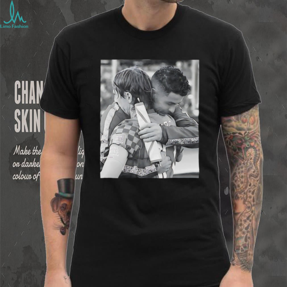 Luka Modric and Cristiano Ronaldo embracing moment shirt