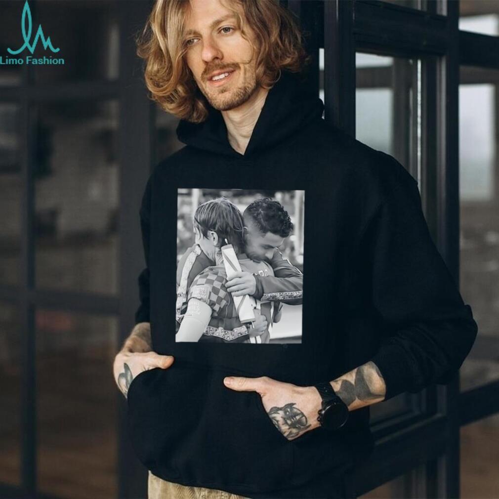Luka Modric and Cristiano Ronaldo embracing moment shirt