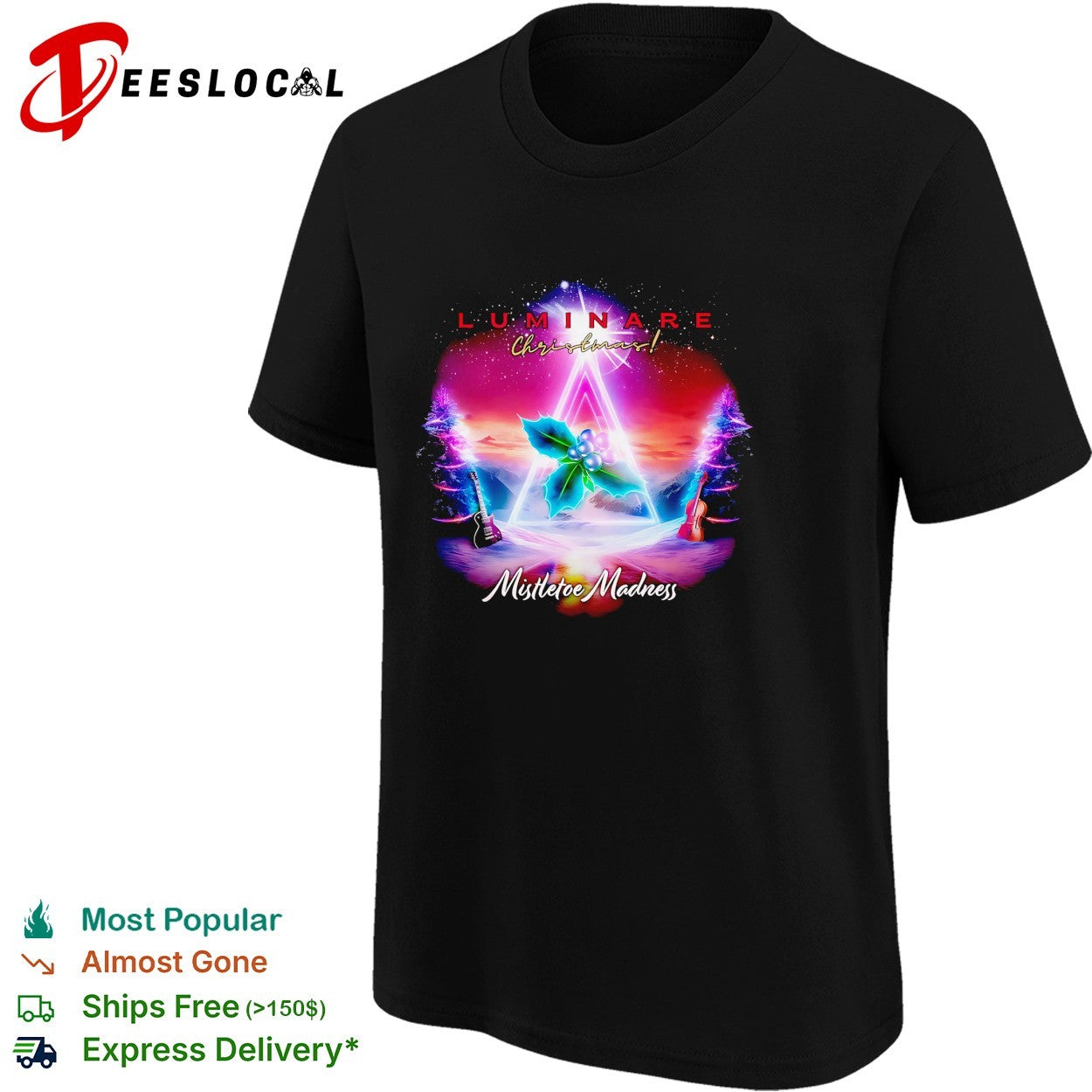 Luminare Christmas Mistletoe Madness guitar violin neon triangle shirt