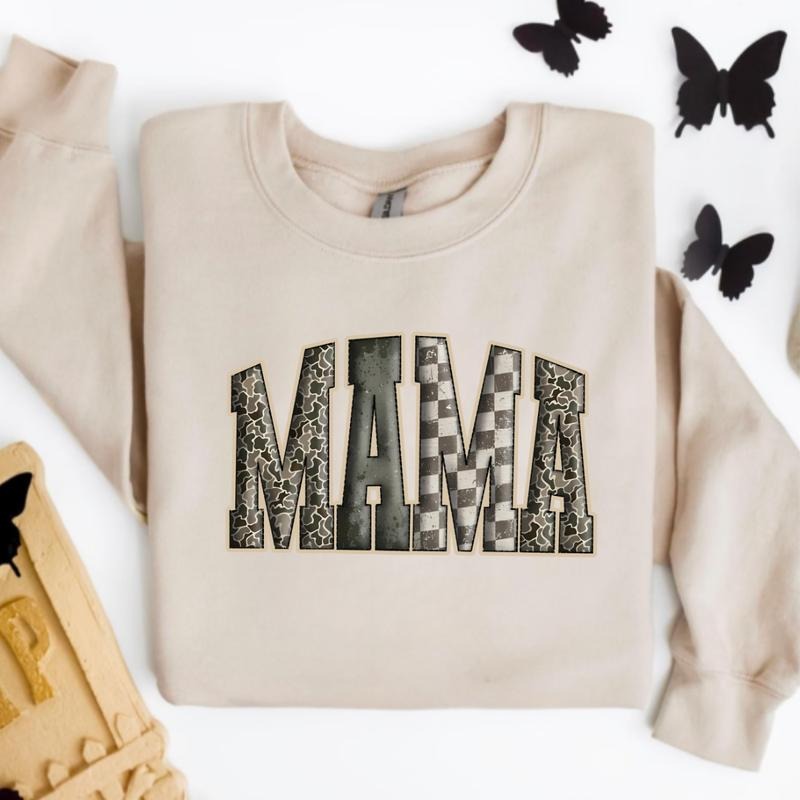 MAMA Sweatshirt Vintage Patchwork Letter Print Neutral Cozy Pullover for Mom Cute Aesthetic Women's Clothes TikTok Shop...