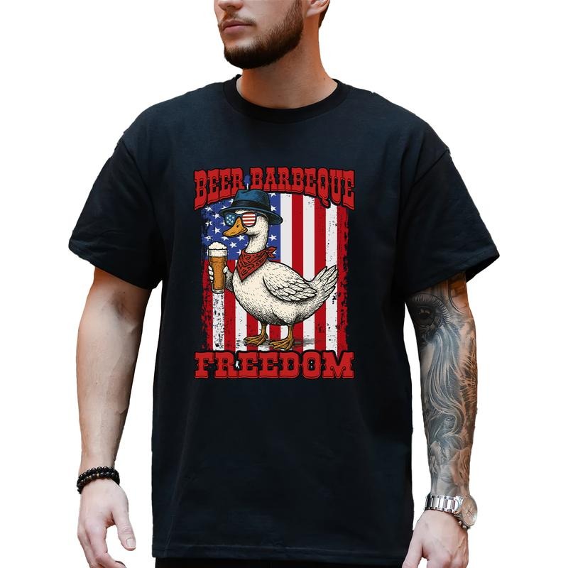 MAPTEES Beer Barbeque Freedom Graphic Tee, 4th Of July T-shirt For Men, American Flag Shirt, Patriotic Goose Men Tee,...