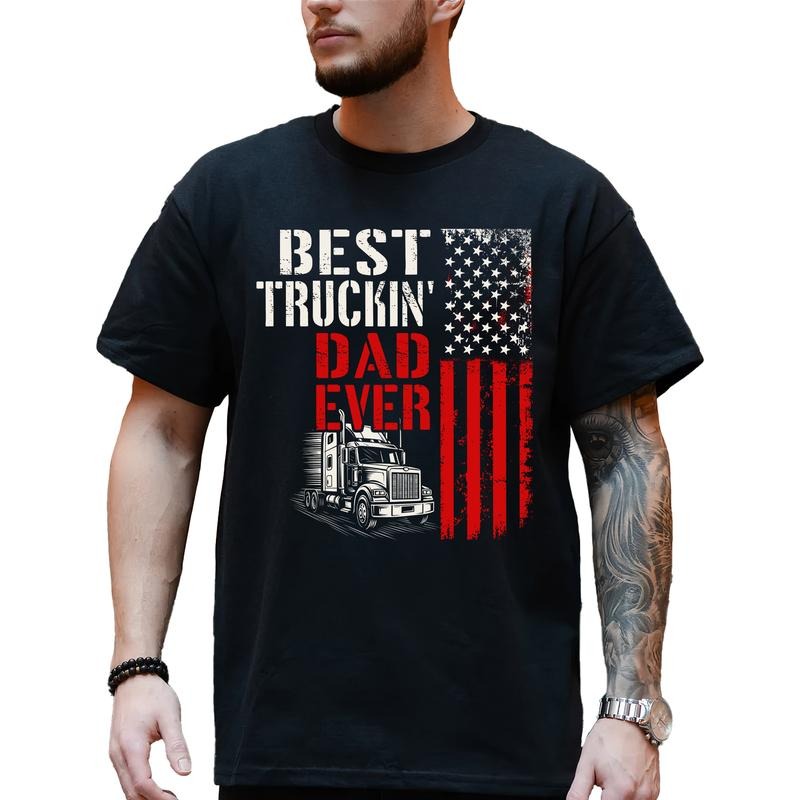 MAPTEES Best Truckin Dad Ever Graphic Tee, Trucker Dad T-shirt For Men, Vintage American Flag Shirt, Gift For Dad,...