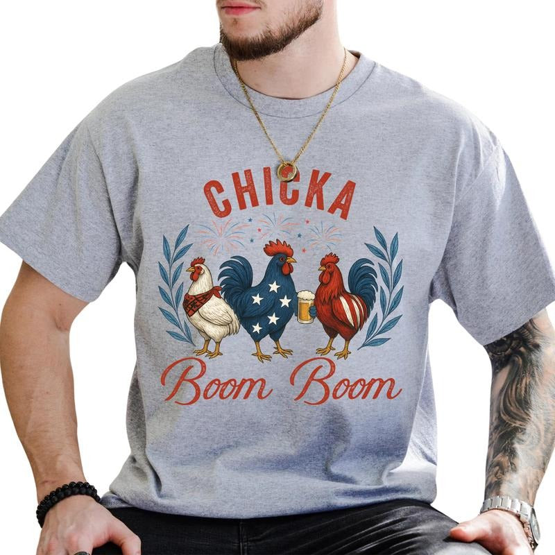 MAPTEES Chicka Boom Boom Graphic Tee, Patriotic Rooster T-shirt For Men, Retro Chicken 4th Of July Shirt, Independence...