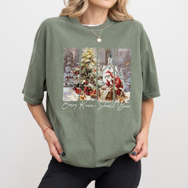 MAPTEES Every Knee Shall Bow Comfort Colors Shirt, Nativity Scene Graphic Tee, Vintage Christmas T-shirt, Religious...