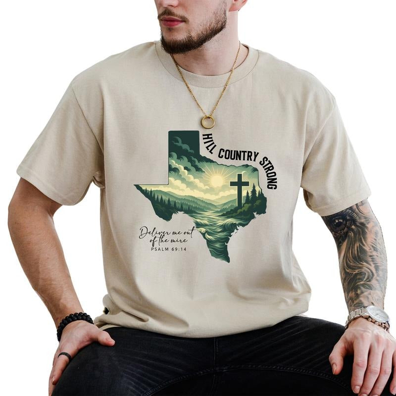 MAPTEES Hill Country Strong Graphic Tee, Pray For Texas T-shirt For Men, Faith Based Shirt, Delivery Me Out Of The Mire...