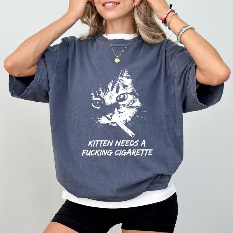 MAPTEES Kitten Needs A Cig Comfort Colors Shirt, Vintage Funny Cat Graphic Tee, Dark Humor Unisex T-shirt, Alternative...