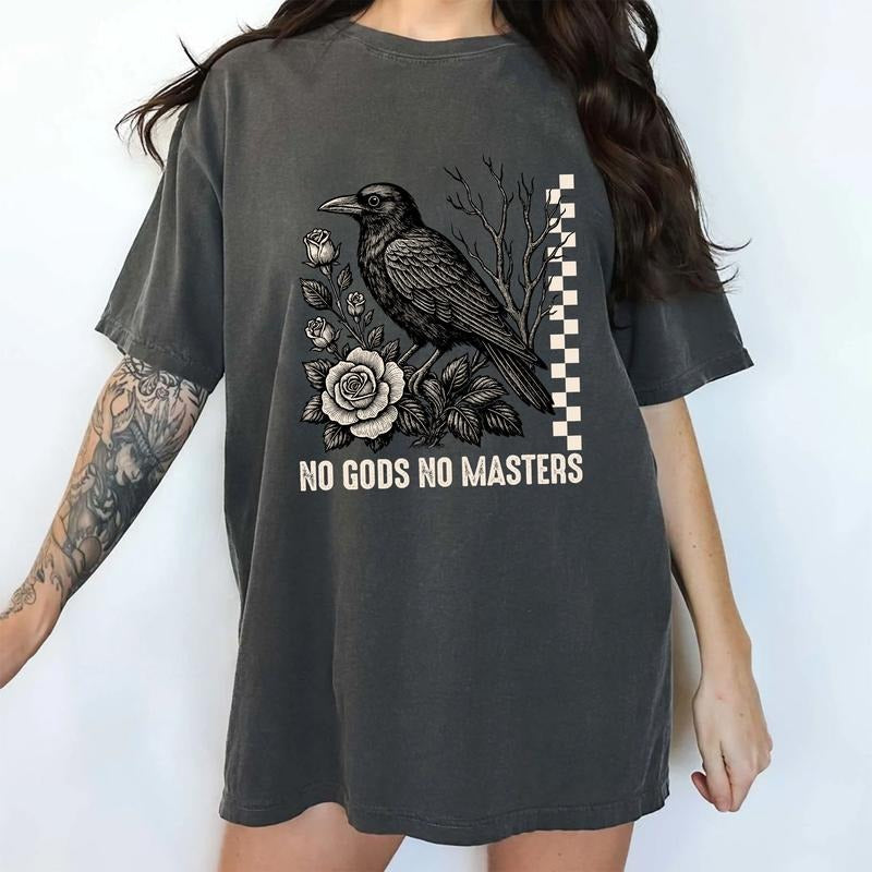 MAPTEES No Gods No Masters Comfort Colors Shirt, Gothic Raven Feminist Graphic Tee, Resist T-shirt, Vintage Liberal...