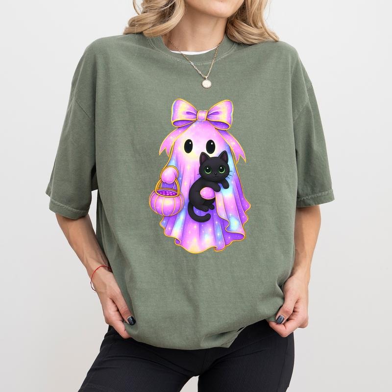 MAPTEES Retro Halloween Neon Ghost Comfort Colors Shirt, Hologram Spooky Vibes Graphic Tee, Black Cat T-shirt, Cute Boo...