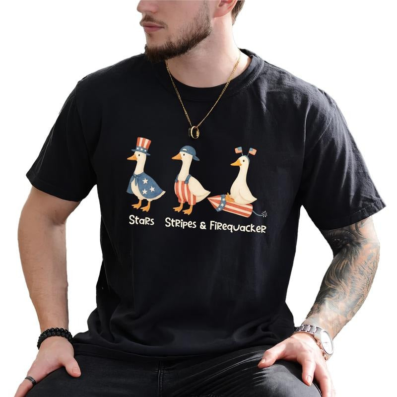 MAPTEES Retro Stars Stripes and Firequacker Graphic Tee, Silly Duck Patriot T-shirt, Funny Goose 4th Of July Shirt, Cute...