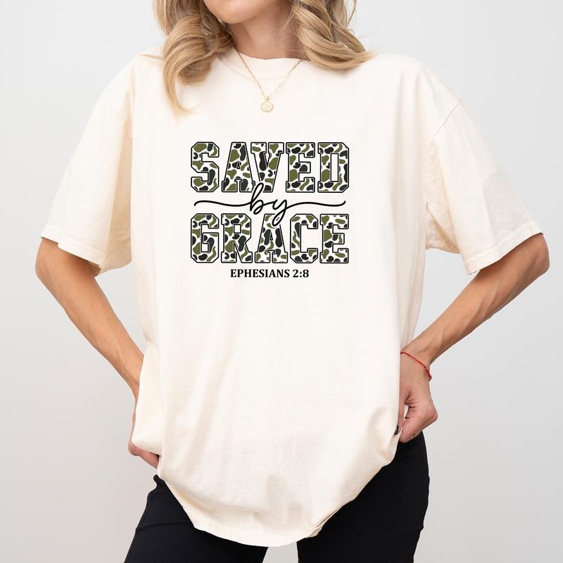 MAPTEES Saved By Grace Camo Comfort Colors Shirt, Christian Bible Verse Graphic Tee, Faith Based T-shirt, Religious...