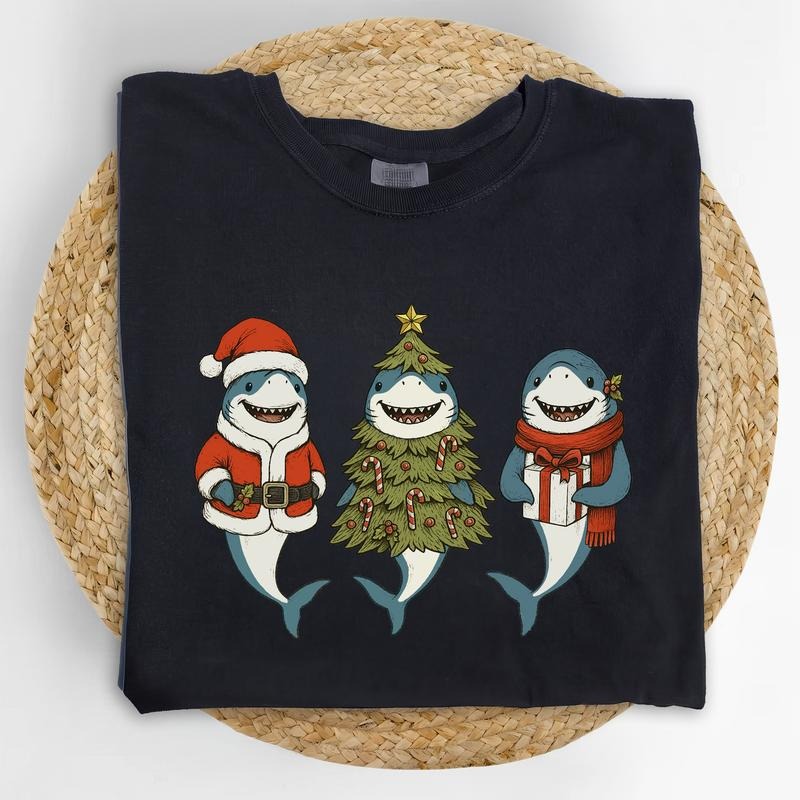 MAPTEES Shark Christmas Comfort Colors Shirt, Cute Xmas Graphic Tee, Winter Holiday T-shirt, Shark Lover Outfits, Ocean...