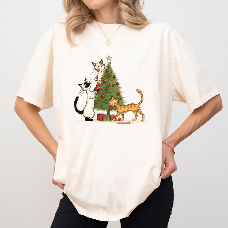 MAPTEES Whimsical Cat Christmas Comfort Colors Shirt, Christmas Cat Mom Graphic Tee, Funny Cats and Christmas Tree...