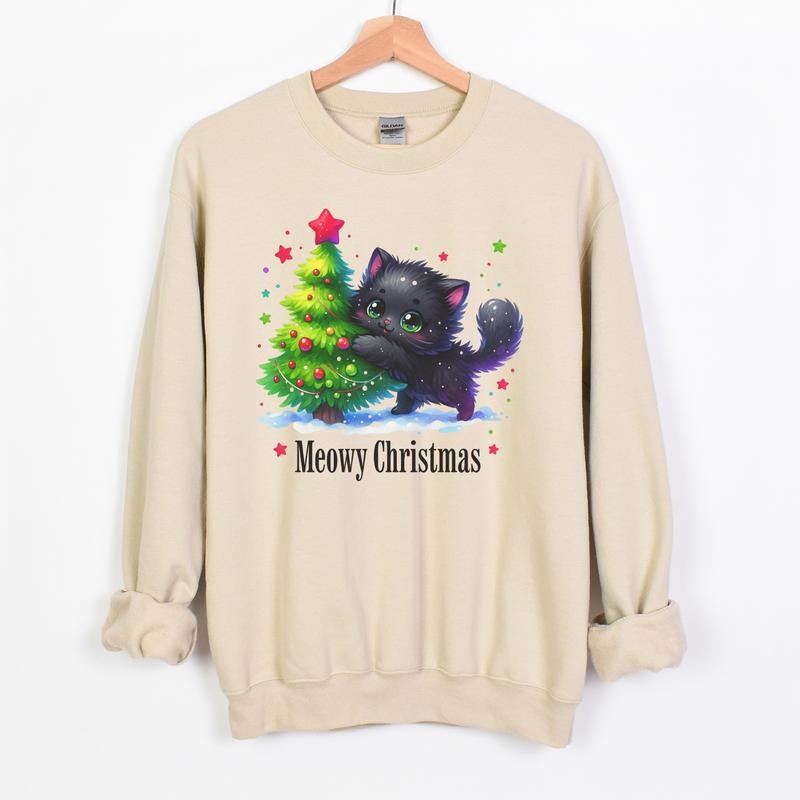MEOWY CHRISTMAS CAT LOVER SWEATSHIRT Long Sleeve Crewneck Hoodie Grunge Alt Aesthetic Edgy Streetwear Womenswear Everyday...