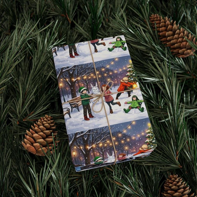MHA Gift Wrap Katsuki Bakugo Wrapping Paper Chibi Anime Holiday Snowflake Eco-Friendly Premium 90gsm Fine Art Paper for...