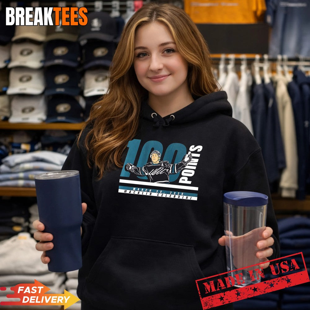 Macklin Celebrini 100 points San Jose Sharks NHL 2026 signature t-shirt