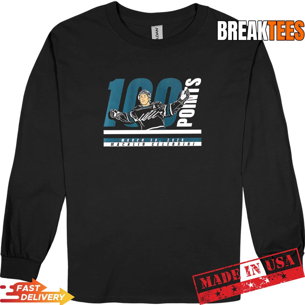 Macklin Celebrini 100 points San Jose Sharks NHL 2026 signature t-shirt