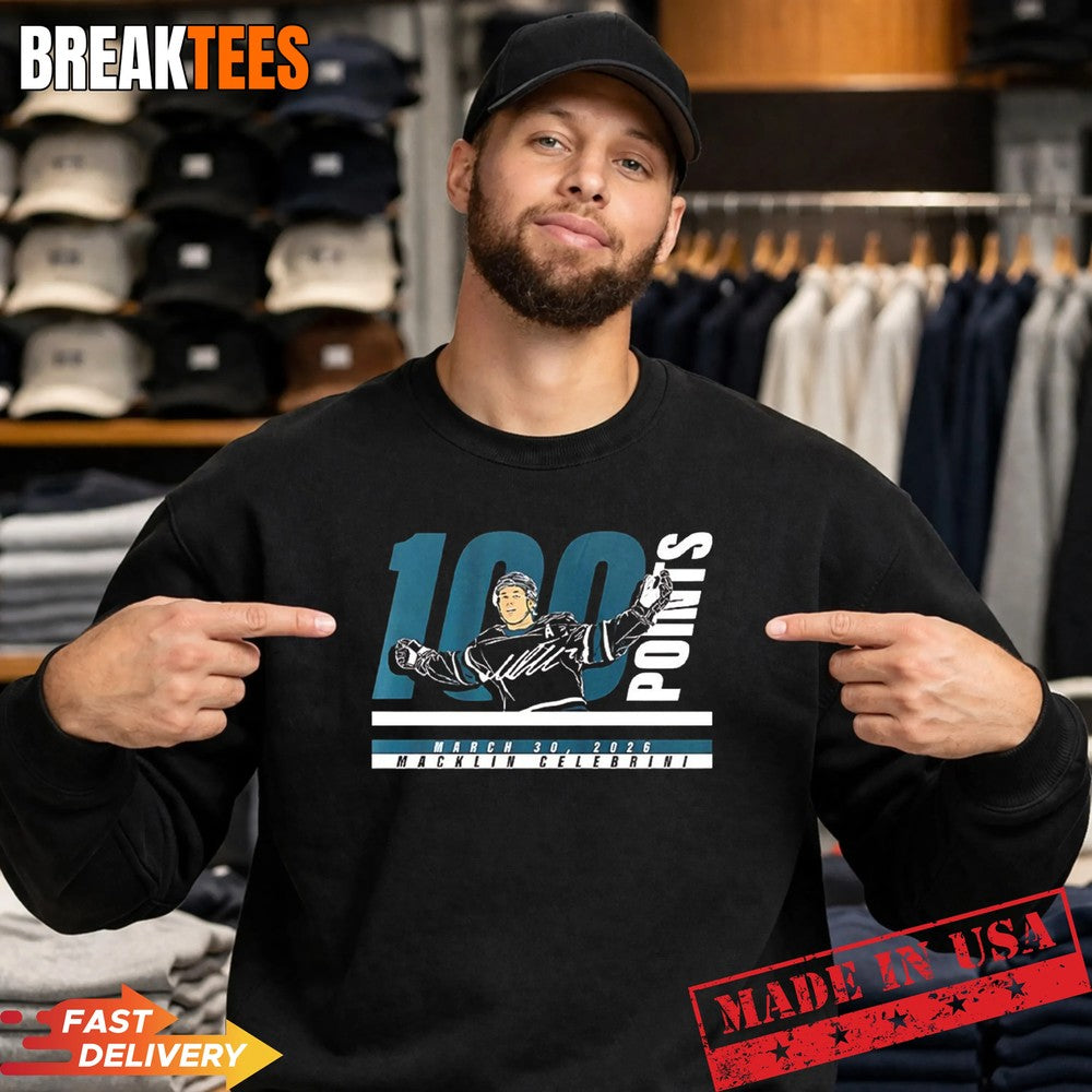 Macklin Celebrini 100 points San Jose Sharks NHL 2026 signature t-shirt