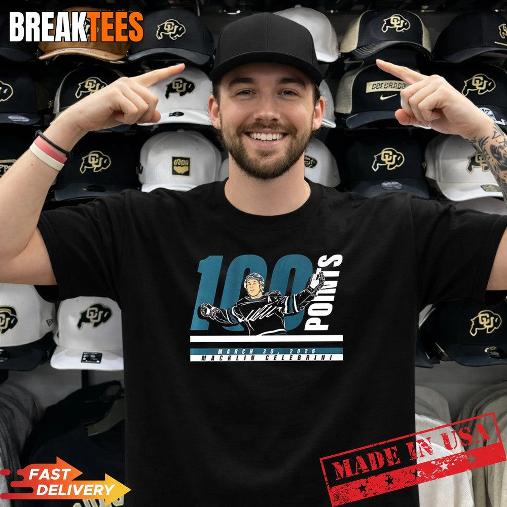 Macklin Celebrini 100 points San Jose Sharks NHL 2026 signature t-shirt