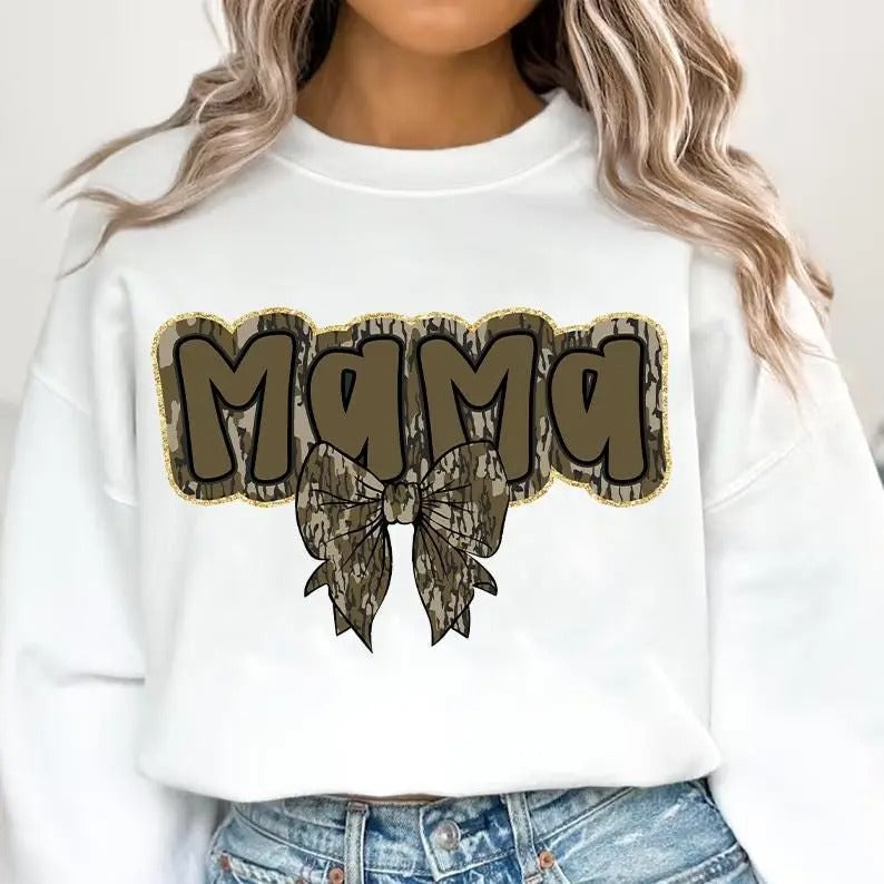 Mama Camo Coquette Bow Sweatshirt, Old School Camo Sweater,Girls Camo Bow Shirt, Coquette Bow Hoodie, Camo Dude Gift