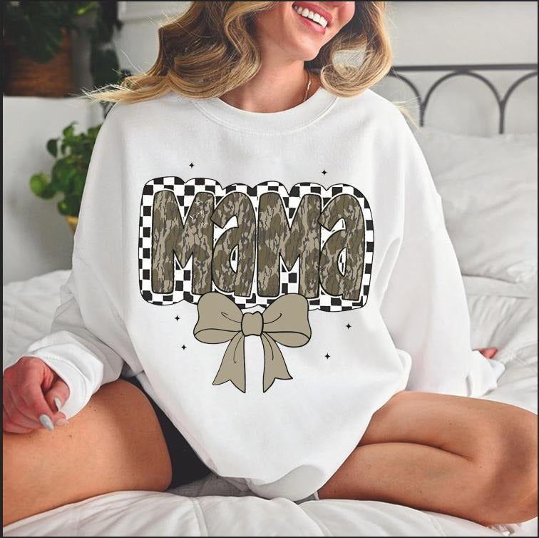 Mama Checkered Bottomland Camo Crewneck Sweatshirt, Hunting Mom Shirt, Camo Lovers Tee Hoodie | PodTeesHub.com