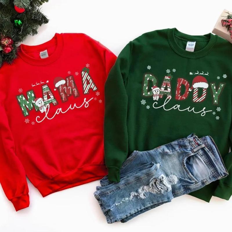 Mama Claus Daddy Claus Couple Christmas Sweatshirt, Cute Drawing Pattern Xmas Crewneck, Husband and Wife Holiday Casual...