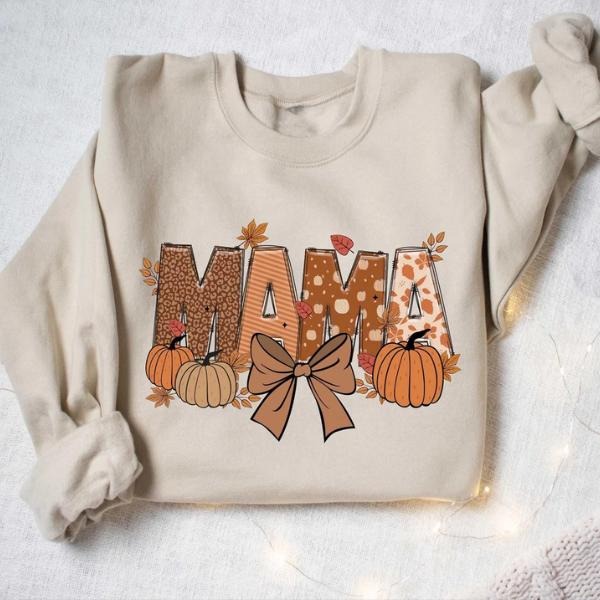 Mama Fall Sweatshirt, Fall Coquette Autumn Mama Sweatshirt, Thankful Mama Vibes Shirt Hoodie | PodTeesHub.com