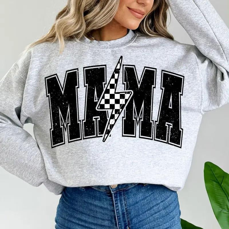 Mama Lightning Bolt sweatshirt, a retro-style mama crewneck perfect for mom life, offering a cute cozy look and making a...