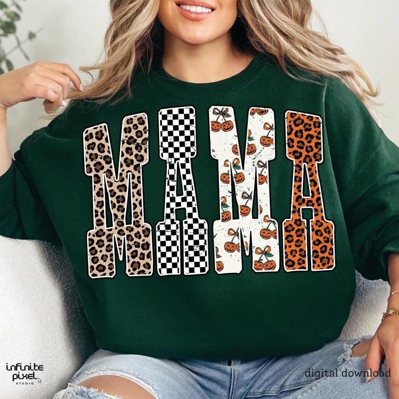 Mama Pumpkin Leopard Sweatshirt, Fall Halloween Sublimation, Checkered Mama Shirt,  Halloween Sweatshirt, Trendy Autumn...