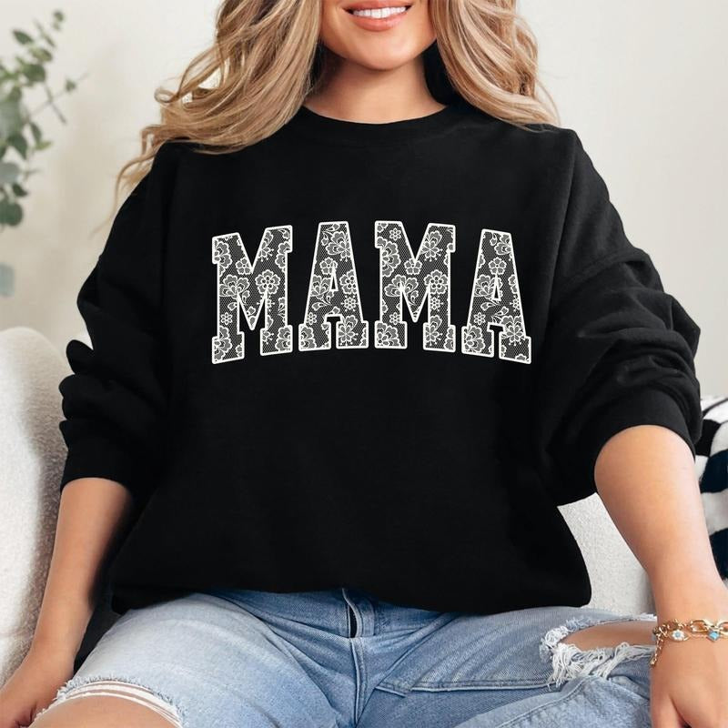 Mama, Faux Lace, Coquette, Varsity, Mother's Day Sweatshirt, Crew Neck, Women's, Crewneck T-Shirts, Hoodie | PodTeesHub.com