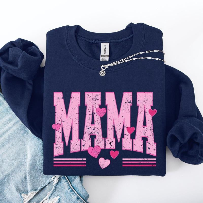 Mama, Love, Valentine's Day, Hearts, Stripes Sweatshirt, Crew Neck, Women's, Crewneck, Valentine's Day, Love, Heart,...