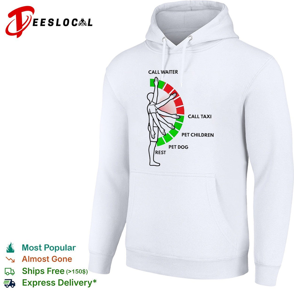 Man arm positions call waiter call taxi pet children pet dog rest shirt