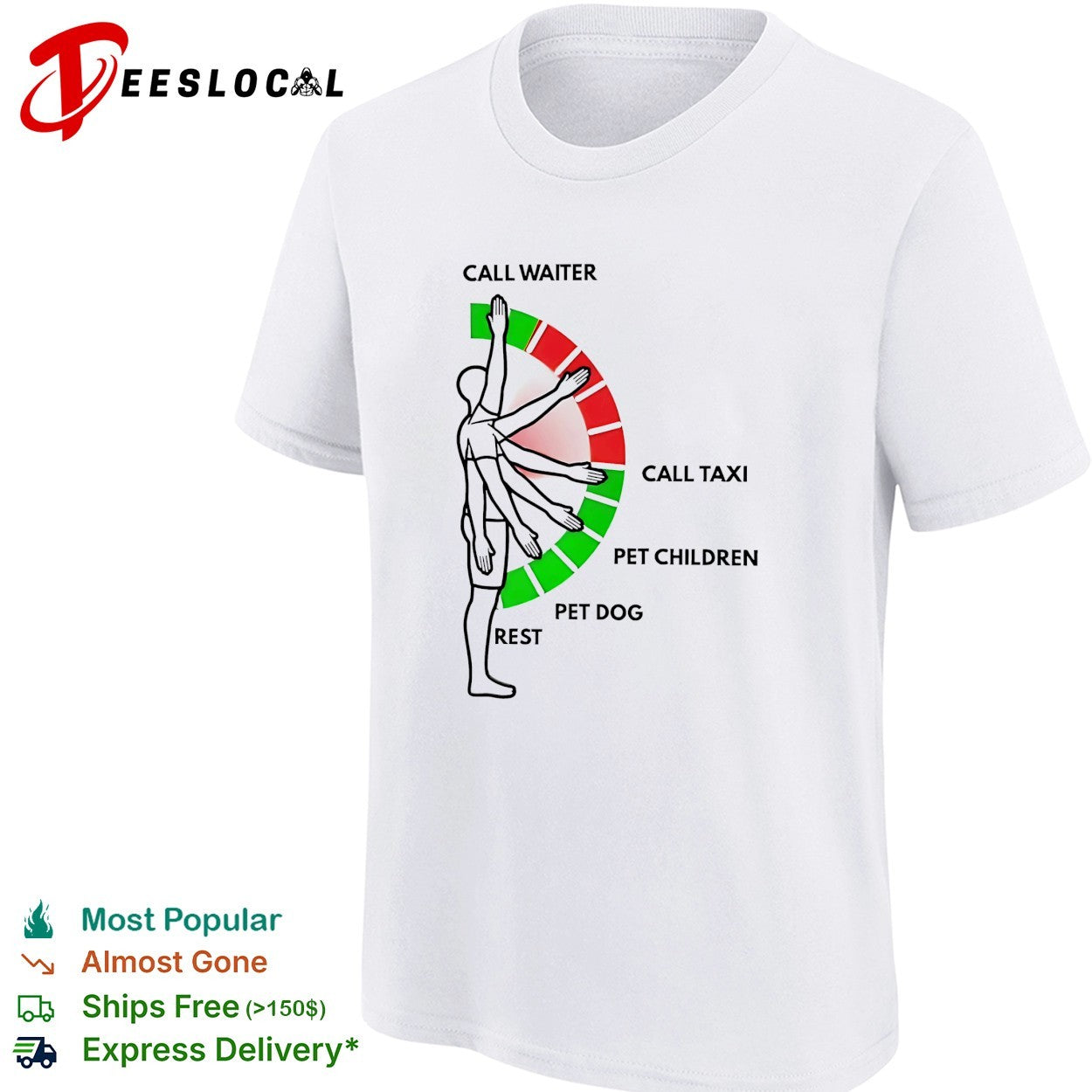Man arm positions call waiter call taxi pet children pet dog rest shirt