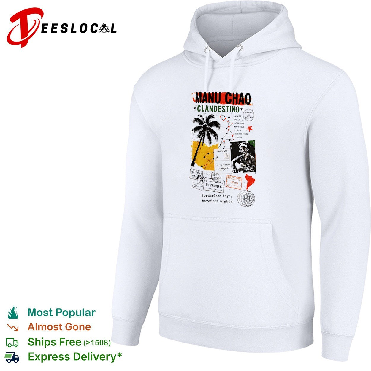 Manu Chao Clandestino viajero sin destino sin fronteras borderless days barefoot nights shirt