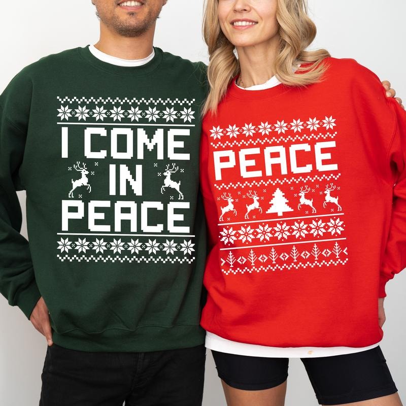 Matching Couples Christmas Ugly Sweatshirt, I Come In Peace Crewneck, Adult Humor Ugly Sweaters, Xmas Party Couple...