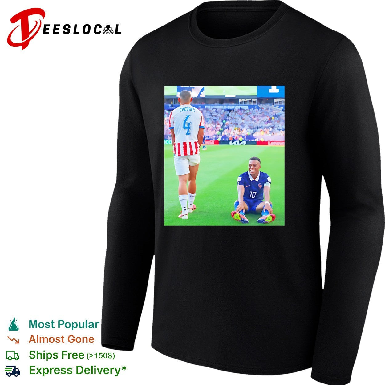Mbappe France number 10 laughing on pitch Caceres number 4 World Cup shirt