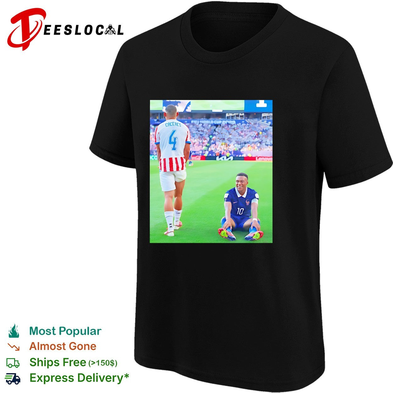 Mbappe France number 10 laughing on pitch Caceres number 4 World Cup shirt