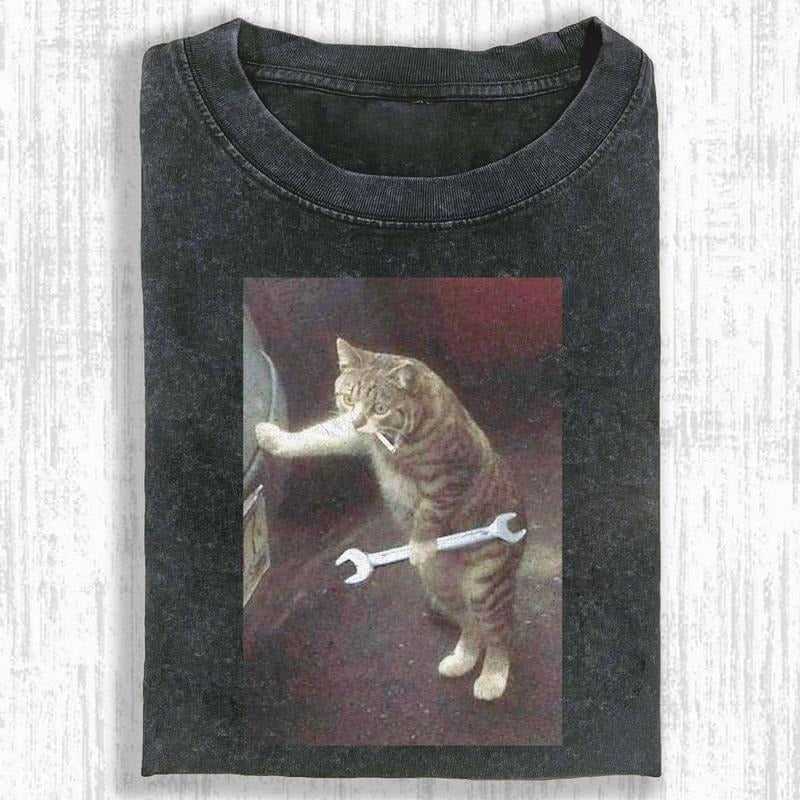 Mechanic Cat Meme T-Shirt, Funny Smoking Feline Graphic Top with Wrench, Retro Streetwear, Unisex Outfit, Trending Gift...